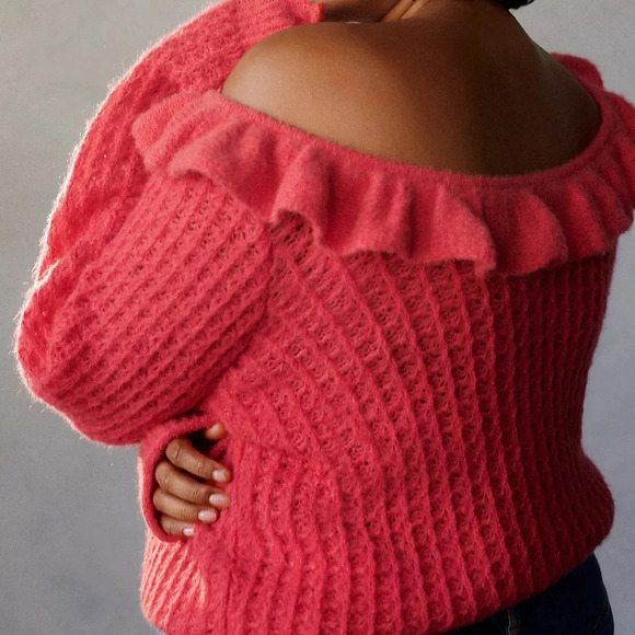 ANTHROPOLOGIE ruffled boat neck sweater size 1X cozy warm coral wool blend knit - Picture 9 of 9